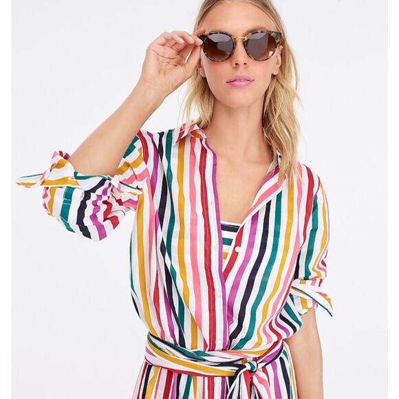 J. Crew Rainbow Striped Shirt Dress Belted Cotton Long Sleeves Knee Length Sz XS - Picture 2 of 12